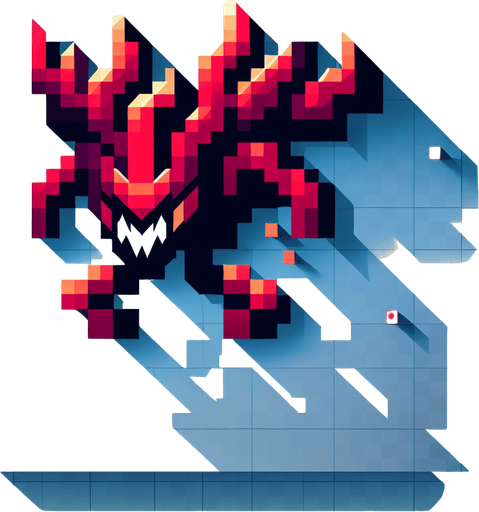 red flying enemy zig zag little boss villain detailles ambitious.
Single Game Texture.  In-Game asset.  2d.  Blank background.  High contrast.  No shadows