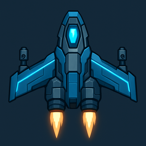 Upgrade the Level 1 ship into a more capable 2D top-down design. Add wing extensions with subtle glowing lines, a larger engine section with animated thrusters, and two visible weapon hardpoints. Add more color variation (blues, steel, light glow effects) to indicate progress and increased power..
In-Game asset.  2d.  High contrast.  No shadows