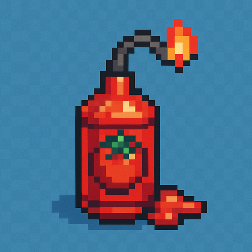 Pixel art of a red ketchup bottle turned into a bomb, with a fuse and tomato sauce leaking out. Small item, cartoonish and fun, pixel style.
In-Game asset.  2d.  High contrast.  No shadows