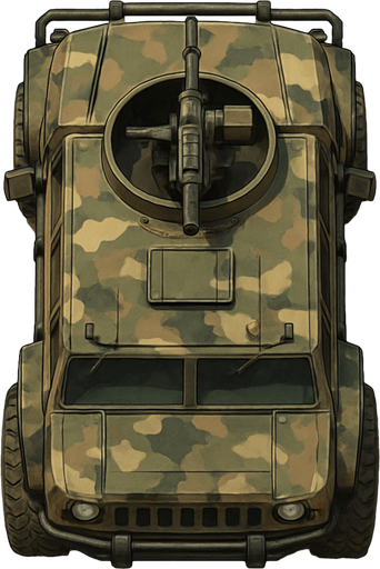 Armed off-road vehicle with camouflage livery. Top view.