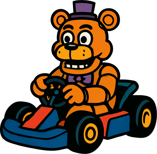 Un oso animatronico en un kart.
In-Game asset.  2d.  High contrast.  No shadows