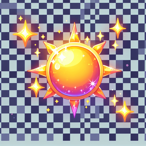 sparkling sun.
Single Game Texture.  In-Game asset.  2d.  Blank background.  High contrast.  No shadows