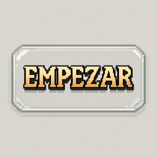 Transparent, colorless glass button that says "Empezar" (Spanish for "Start"), featuring an adventure video game font and Pixel Art style.