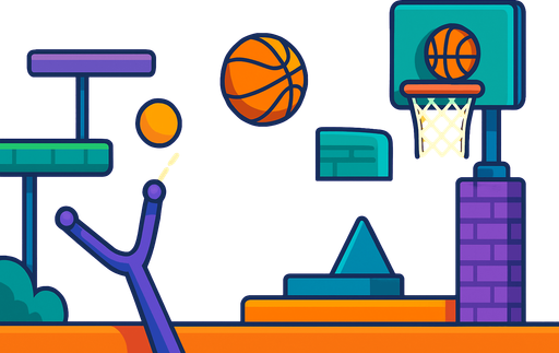 Fullscreen modern App Store landscape banner, 16:9, high definition, for a game titled "Basket Bounce Challenge" and with the description "A colorful basketball puzzle game with slingshot mechanics across 20 challenging levels. Drag and release the ball to score, progressing from simple shots to complex bank shot puzzles with moving hoops and obstacles.". No text on banner!