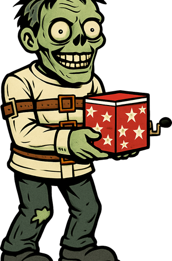 Zombi a cuerpo completo de piel verdosa y pálida, con cabello desordenado y ojos saltones, viste una camisa de fuerza con correas de cuero alrededor de sus brazos y torso. sostiene una caja de sorpresas roja y blanca con estrellas, que tiene una manivela en un lado. Su expresión es de una sonrisa macabra.
In-Game asset.  2d.  High contrast.  No shadows