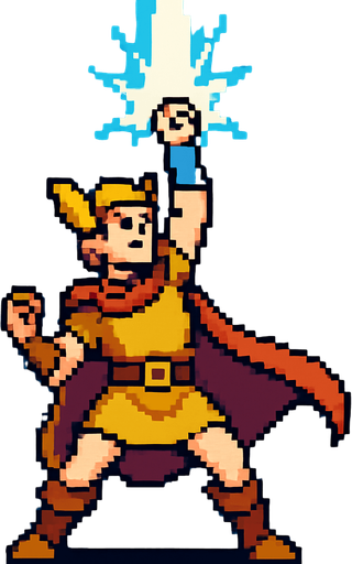 a hero, channeling, pixel art.
In-Game asset.  2d.  High contrast.  No shadows