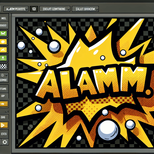 "ALARM" text bubble yellow, comic book style..
Single Game Texture. In-Game asset. 2d. Blank background. High contrast. No shadows.