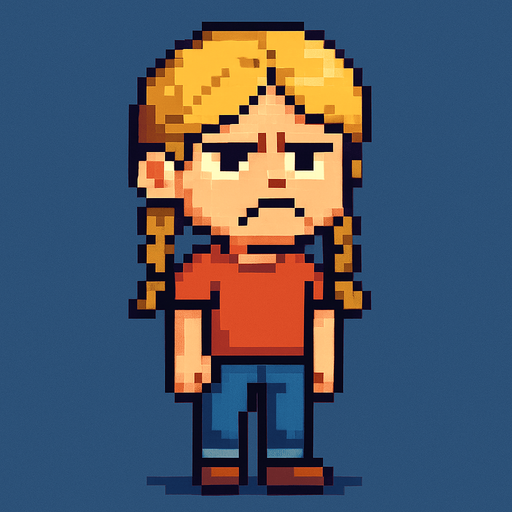 bad regular frown casual girl kid blonde hair braided full body 2d pixel art.
In-Game asset.  2d.  High contrast.  No shadows