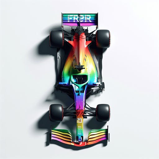 Full-length F1 concept race car IN TOP VIEW! 
Rainbow coloured Gradient paint on body. "FRVR" text..
Single Game Texture. In-Game asset. 2d. Blank background. High contrast. No shadows.