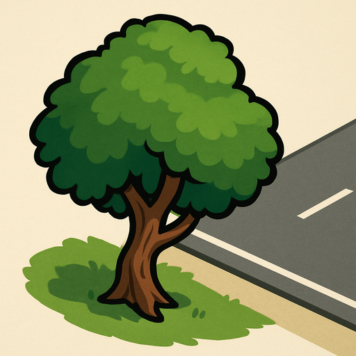 A 2D top-down tree (a little bit short and weird) viewed from a slight rear top angle, positioned beside a road, showing the top and a bit of the back side. The tree is slightly angled to match the camera perspective, with visible foliage and trunk shape. Daylight, clean background, suitable for roadside environment in a driving game..
In-Game.
In-Game asset.  2d.  High contrast.  No shadows