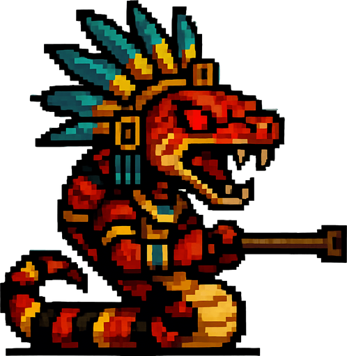 Genérame una Serpiente coral guerrero azteca con eso patrones, estilo pixelar, con una apariencia maligna, ojos rojos, rabioso. Unidad a distancia, con cerbatana. Animal.
In-Game asset.  2d.  High contrast.  No shadows