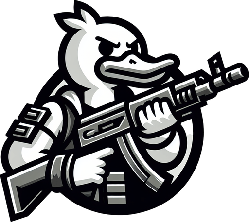 Duck with a gun title logo.
Single Game Texture. In-Game asset. 2d. Blank background. High contrast. No shadows.