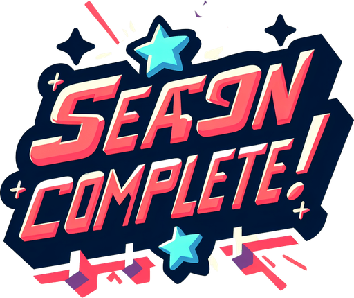 Create a SVG text design in bold cartoon style: "SEASON COMPLETE!" in chunky rounded letters with stars around it .
Single Game Texture. In-Game asset. 2d. Blank background. High contrast. No shadows.