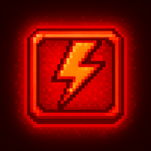 Pixel art of a red power-up icon with a bold lightning bolt symbol inside. Represents a temporary speed boost in a retro-style arcade game. Glowing red, square icon.
In-Game asset.  2d.  High contrast.  No shadows