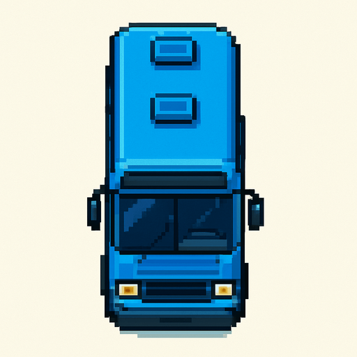 Pixel art mavi otobüs kuş bakışı.
In-Game asset.  2d.  High contrast.  No shadows
