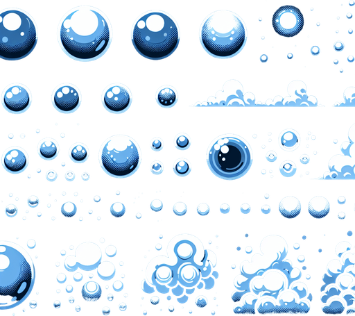 A sprite sheet of blue force field bubbles.
Single Game Texture. In-Game asset. 2d. Blank background. High contrast. No shadows.