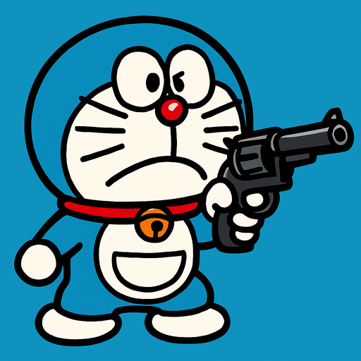 Doraemon shooting a gun.
In-Game asset.  2d.  High contrast.  No shadows