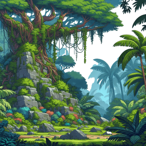 A animated image of prehistoric jungle with a cave.
Single Game Texture. In-Game asset. 2d. Blank background. High contrast. No shadows.