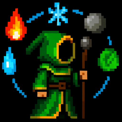Same wizard but looking left and with other elements and in a green cloak