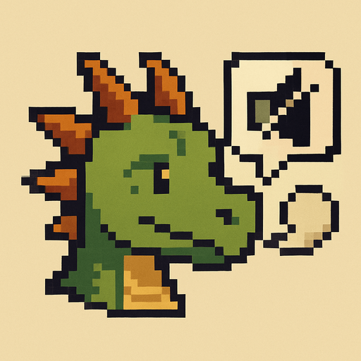 A small pixel art dragon head viewed from the side, mouth closed with a small puff of smoke or a speech bubble with a cross to symbolize that sound is off. The expression is calm and cute. Designed as a fantasy-themed icon for a retro-style 2D game UI..
In-Game asset.  2d.  High contrast.  No shadows. pixel art. side view. cute. fantasy. retro. dragon. mute. icon