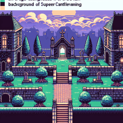 A pixel art large background in a Super Nintendo, Super Castlevania style with an open world like cemetery, 3/4 viewpoint
 
Single Game Texture. In-Game asset. 2d. Blank background. High contrast. No shadows.