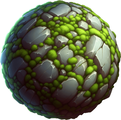 una piedra redonda musgosa.
Single Game Texture.  In-Game asset.  2d.  Blank background.  High contrast.  No shadows