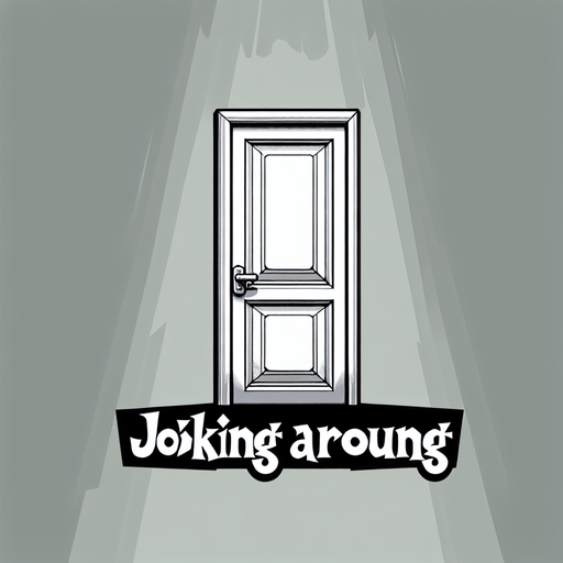 A door with the words Joking Around on it.
Single Game Texture.  In-Game asset.  2d.  Blank background.  High contrast.  No shadows