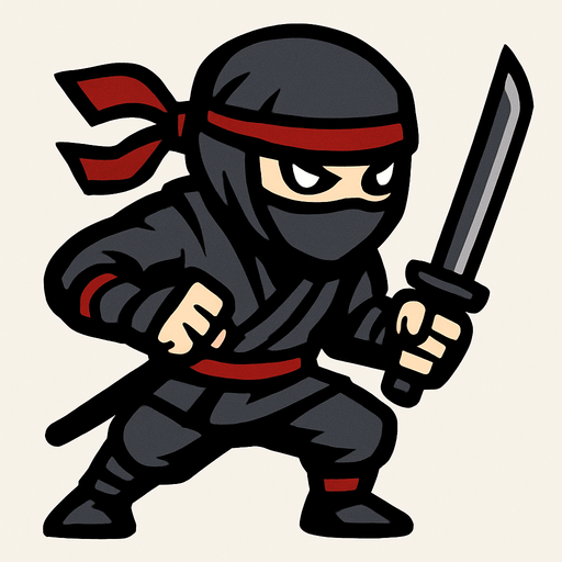 A generally black and grey ninja, but with a few red details..
In-Game asset.  2d.  High contrast.  No shadows