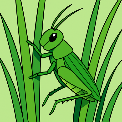 gambar 2d anime belalang hijau menempel di rumput panjang.
In-Game asset.  2d.  High contrast.  No shadows