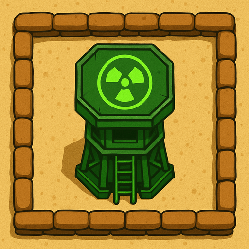 Top view of an Green defense Military tower large Toxic, in the desert, the image has a square border outlined by military defense Brown sandbags.
In-Game asset.  2d.  High contrast.  No shadows