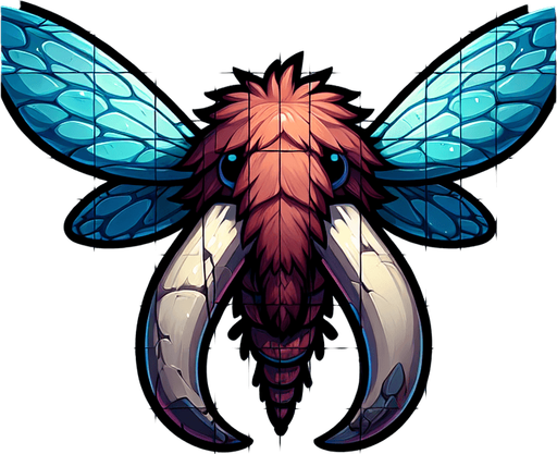 Giant insect, facing down, open wings, cartoony.
Single Game Texture. In-Game asset. 2d. Blank background. High contrast. No shadows.