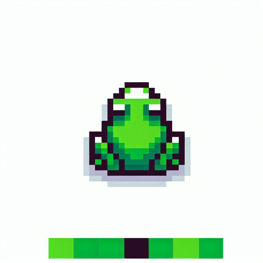 pixel art of a flat green frog, top down view.
White background, high contrast, shadowless.