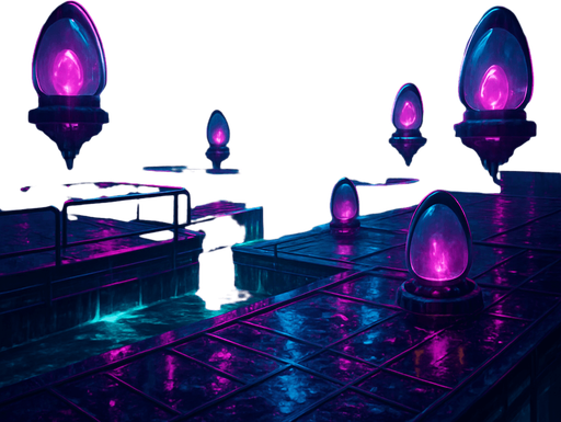 Generate a high-resolution digital scene of a rain-soaked cyberpunk arena for a mobile game. The environment features slick neon-lit platforms suspended over glowing canals, holographic billboards prominently displaying ‘Otterverse Marketplace,’ and floating egg pods encased in translucent glass. Puddles on the metal grating reflect pulsating magenta and cyan lights, while distant skyscrapers tower through misty rain. Add animated sparks, drifting data streams in the sky, and a moody, atmospheric vibe—perfect for a 4K game backdrop without any character or currency visuals..
In-Game asset.  2d.  High contrast.  No shadows