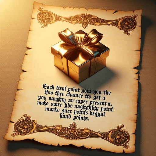 a pergament with a golden present at top, at the bottom there is the text: "Each tenth point you have the change to get a super Present, make sure naughty points are equal to kind points"