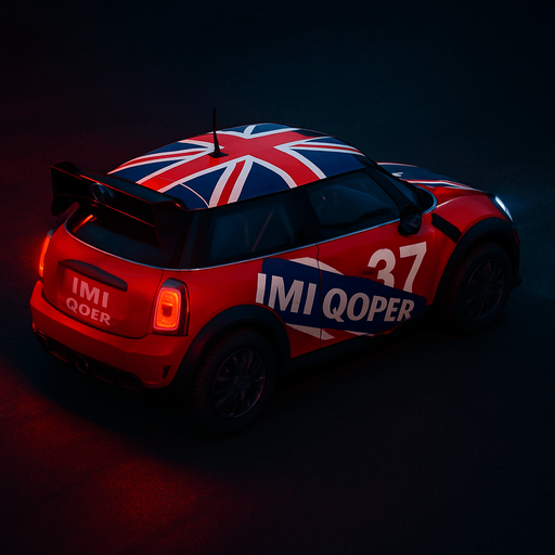 Photorealistic red MINI COOPER Rallycar with something like British flag livery in nightlight, drone topview from back and 45 degrees angle in top right corner. Replace MINI to IMI and Cooper too Qoper.