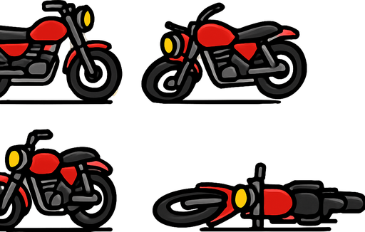 Create a simple 2D animation of an enemy motorcycle falling sideways to the ground.  
The animation should have 5 frames showing the bike tilting and then lying flat.  
Use a cartoonish style matching a simple 2D game..
In-Game asset.  2d.  High contrast.  No shadows