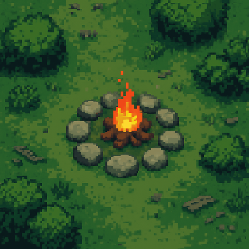 A post-apocalyptic green forest area with a campfire in the middle and stones around it,pixel art,less pixel,some bushes around.
In-Game asset.  2d.  High contrast.  No shadows. Pixel art
(View from above)