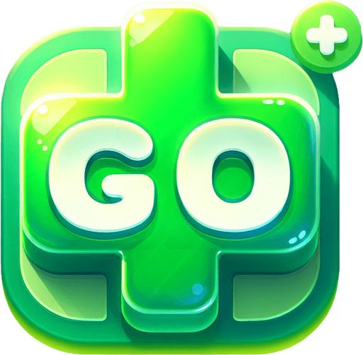 Design a 2D UI element for a cute and lively text graphic that says 'GO.' The text should be bold and bubbly, with a soft, rounded font in a bright, cheerful green to indicate life and healing. The background features a large, semi-transparent green plus sign, subtly glowing and radiating a gentle, rejuvenating energy. The 'GO' text is prominently centered, with a slight 3D effect and playful highlights to make it pop, exuding a sense of positivity and vitality. The overall design is clean, minimal, and adorable, perfect for a hyper-casual mobile game..
Single Game Texture. In-Game asset. 2d. Blank background. High contrast. No shadows.