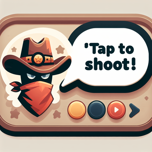 Tap to shoot! in a western style speech bubble..
Single Game Texture. In-Game asset. 2d. Blank background. High contrast. No shadows.