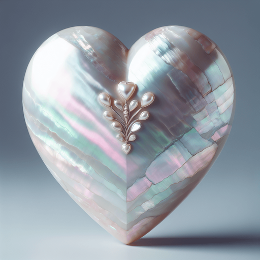 Large precious heart in mother-of-pearl, lightly ornate.
Front view.