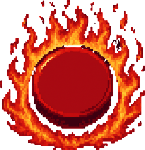 700x700(total size) black red button (like hell fire around and into button) (cute pixel art). no writing
No shadows