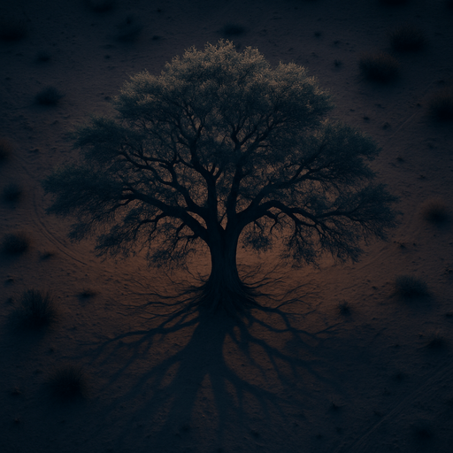 Photorealistic desert tree at night, bird view