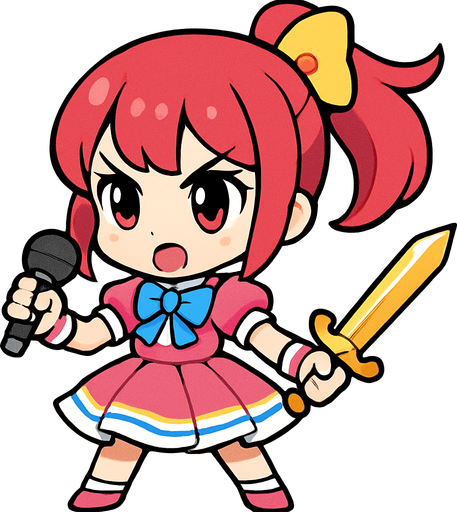 Esta chica tiene un diseño de estilo chibi anime, lo que le da un aspecto adorable y expresivo. Aquí va una descripción detallada:

🔸 Apariencia general:
Es una niña pequeña de proporciones caricaturescas, con cabeza grande y cuerpo diminuto, típica del estilo chibi.

🔸 Cabello:
Cabello rojo/rosado recogido en una coleta con una gran moña amarilla. Flequillo recto y mechones a los lados de la cara.

🔸 Ropa:
Viste un traje colorido similar al de una idol japonesa:

Vestido rosa con detalles blancos y azules

Moño azul en el pecho

Falda con vuelo, adornada con líneas blancas y amarillas

🔸 Accesorios:

Lleva un micrófono en una mano, lo que sugiere que es una cantante o idol.

En la otra mano, sostiene una espada dorada brillante, lo cual le da un toque de guerrera mágica o heroína valiente.

🔸 Expresión:
Tiene una expresión decidida y enérgica, como si estuviera lista para una batalla o a punto de dar un discurso heroico..
In-Game asset.  2d.  High contrast.  No shadows