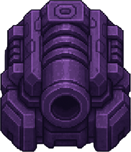 top down sci-fi fat barrel cannon with ridges, purple metal, pixel art