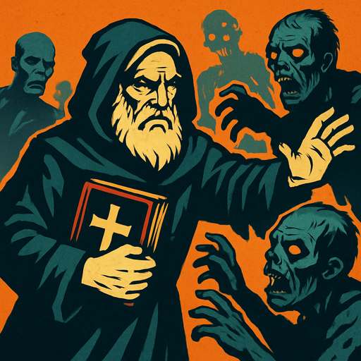 A background image (wallpaper) representing an old prophet-like man with white hair and beard, wearing a priest's robe (hooded) and holding a holy book (christianity, cross) in his hand, fighting against zombies..
In-Game asset.  2d.  High contrast.  No shadows
