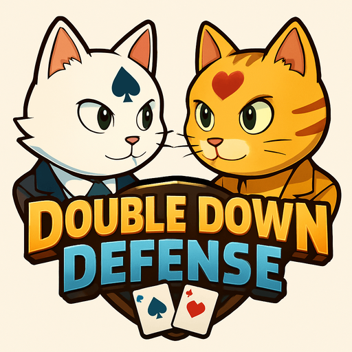 Incorporate these two cats heads into a game logo for a poker based tower defense that includes the name “Double Down Defense”. Put their heads offset on either side with eyes open and looking at the logo.