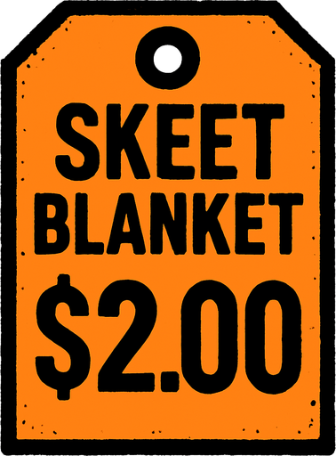 Price tag that says skeet blanket $2.00.
In-Game asset.  2d.  High contrast.  No shadows