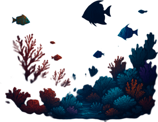 A fantasy underwater scene in a dark deep ocean, illustrated in highly detailed fantasy art style. The background is a dark abyss with faint rays of light piercing from above, casting soft glows through the water. At the bottom of the scene, vibrant and colorful coral reefs in hues of red, purple, teal, and orange spread across the sea floor. Exotic fish swim gently among the coral. The entire scene is viewed with a cinematic wide angle. Shadows of sea creatures loom faintly in the background. The water has particles suspended, giving it a mysterious and immersive depth. Bioluminescent algae softly glow in some areas of the coral. The overall tone is mysterious yet magical. Black background base. Ideal for a 5x5 grid overlay. No text, pure environment. 4K ultra-detailed fantasy illustration..
In-Game asset.  2d.  High contrast.  No shadows