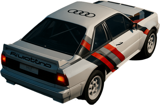 Photorealistic white audi b2 quattro RALLYCAR with red,grey,black stripes livery, drone topview from back in night. Angle should be 45 degrees in the top right corner of the screen.