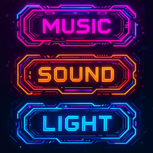 Buttons assets with same colors and shape with text 'music', 'sound', 'light'. cyberpunk. abstract. futuer. different colors. HD colors.
In-Game asset.  2d.  High contrast.  No shadows